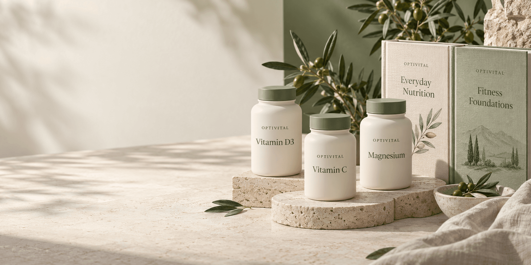 Optivital vitamins and wellness guides arranged on natural stone